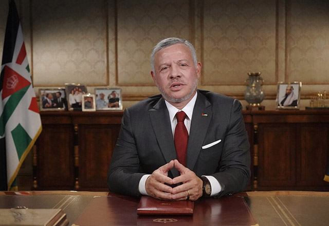 His Majesty King Abdullah addresses the nation on the occasion of Jordan’s 74th Independence Day from Raghadan Palace on Monday (Photo courtesy of Royal Court)